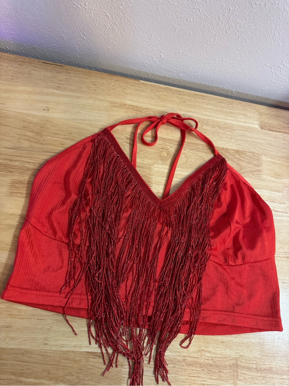 Lipstick Red Tie Open Back Fringe Crop Top